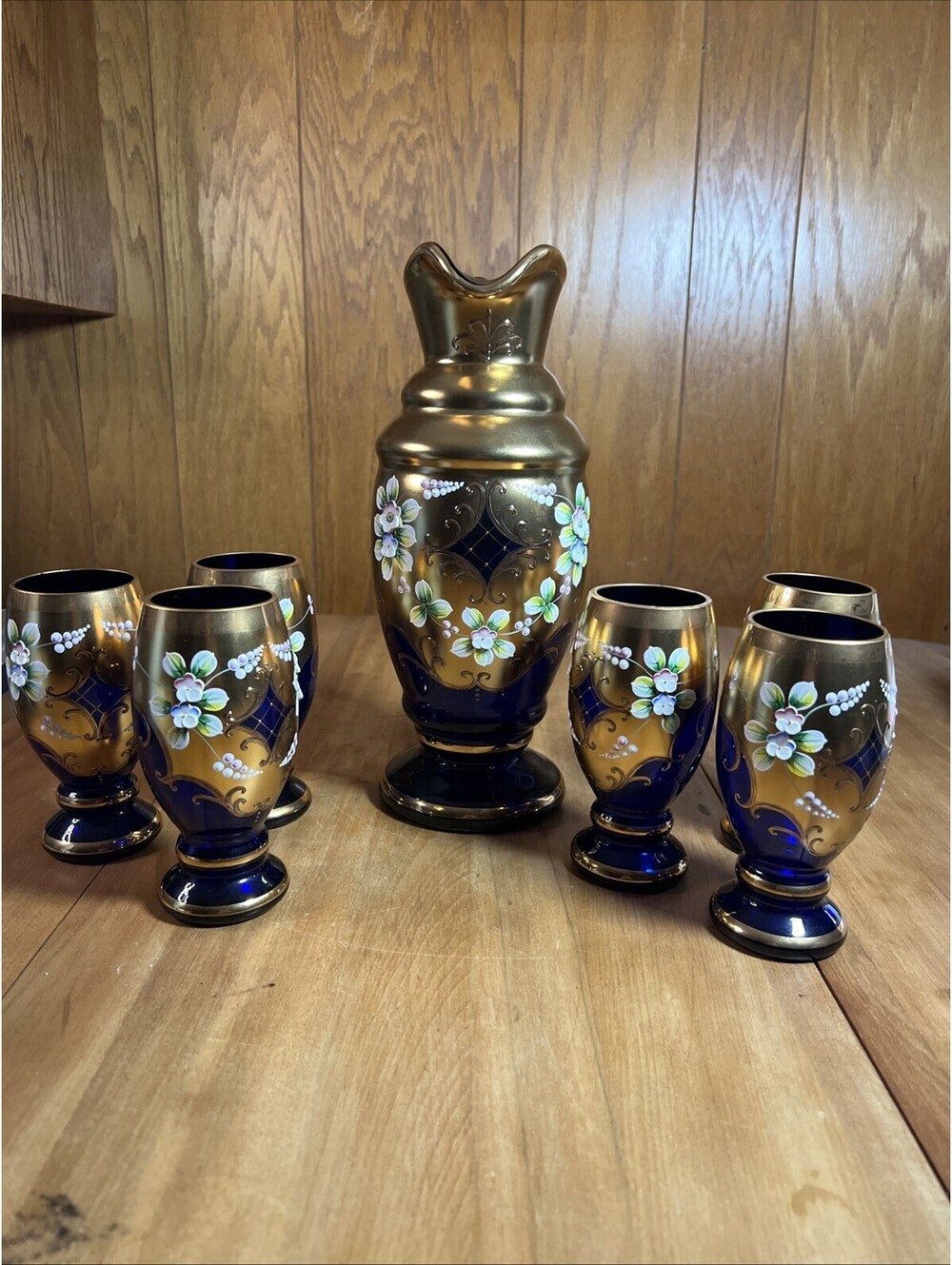 Bohemian Czech Cobalt Blue & Gold Tone Hand Painted Decanter With 6 Glasses